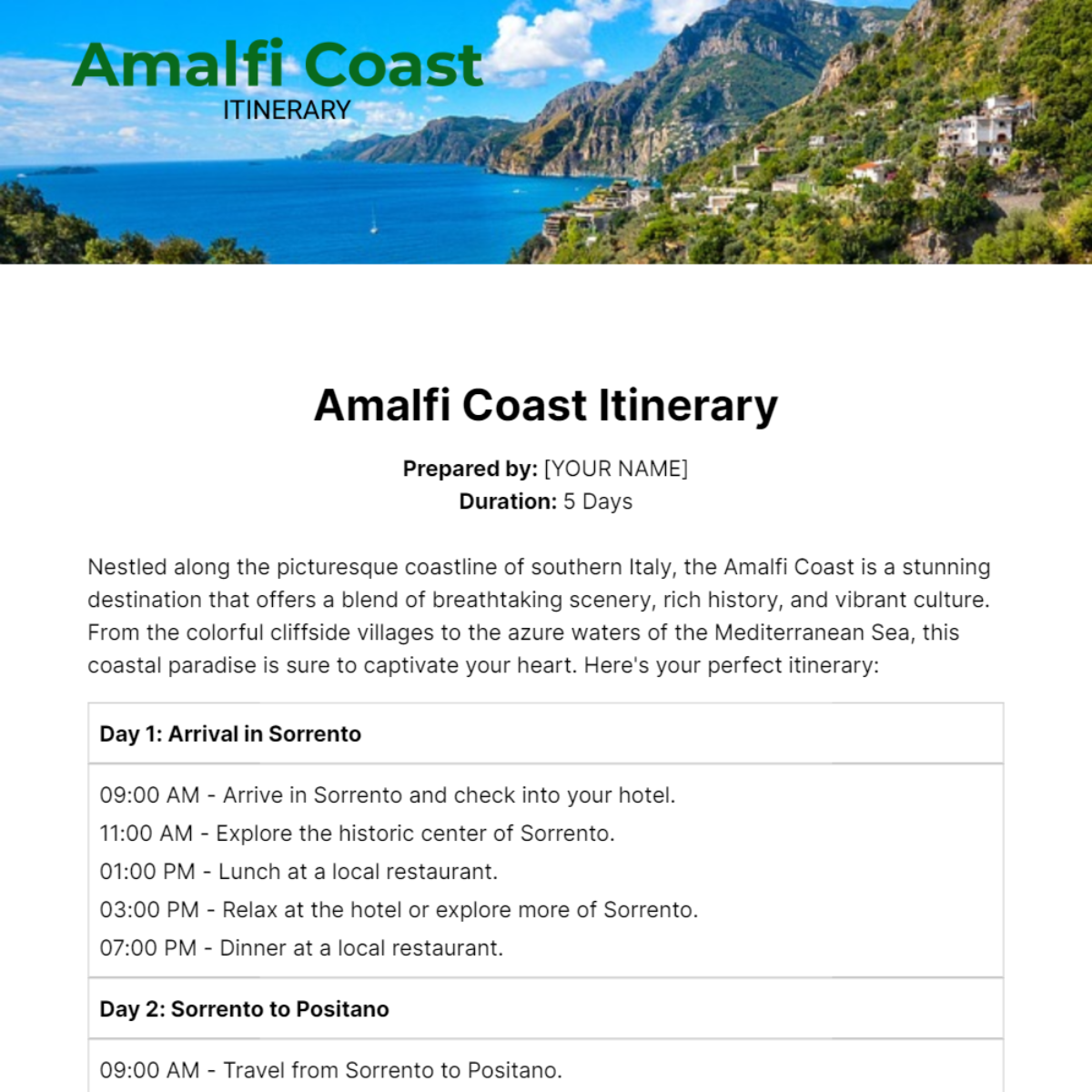 Amalfi Coast Itinerary Template