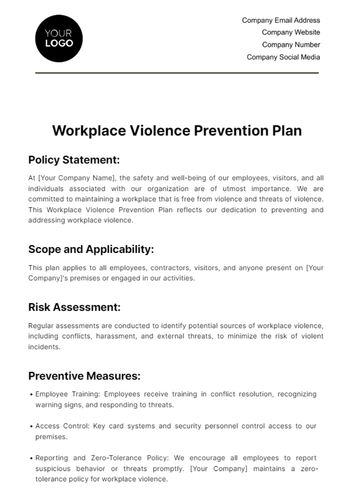 Free Workplace Violence Prevention Plan HR Template