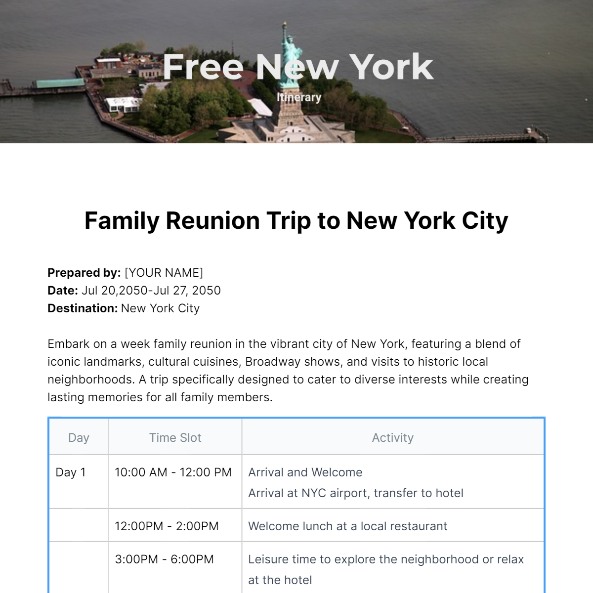 New York Itinerary Template