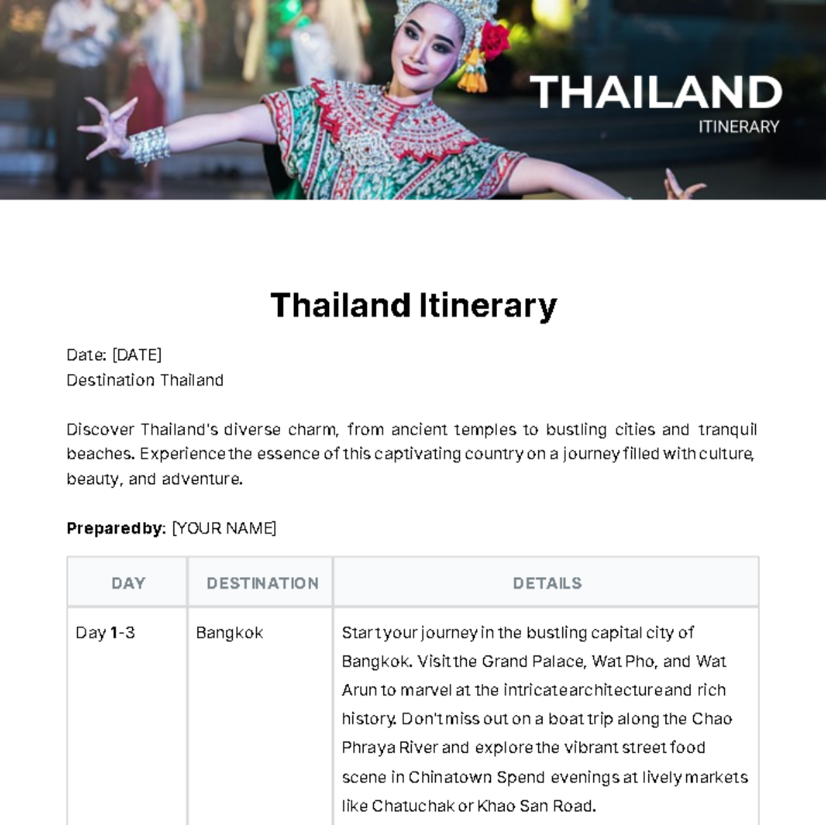 Thailand Itinerary Template