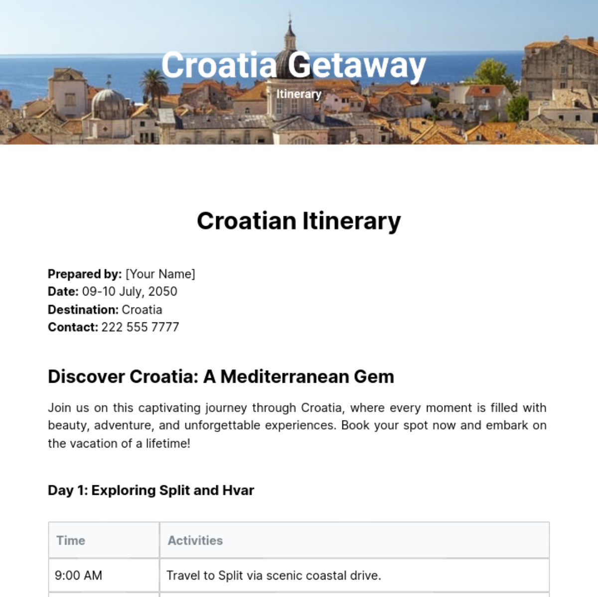 Croatia Itinerary Template