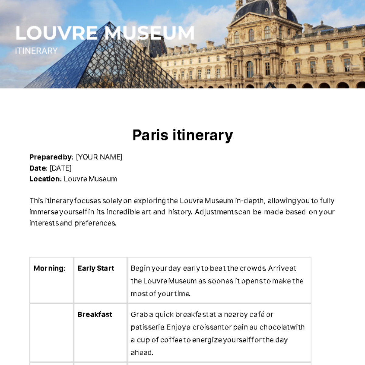 Paris Itinerary Template