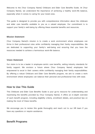 Free Childcare and Elder Care Benefits Guide HR Template to Edit Online