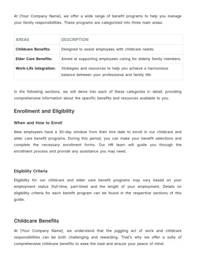 Free Childcare and Elder Care Benefits Guide HR Template to Edit Online
