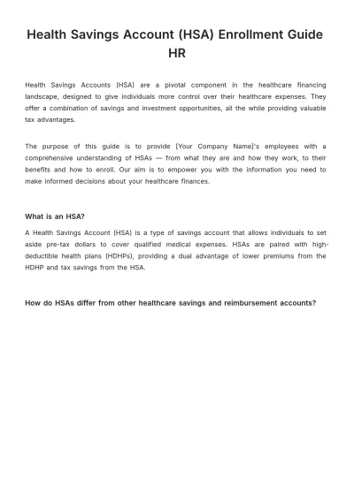 Free Health Savings Account (HSA) Enrollment Guide HR Template to Edit Online