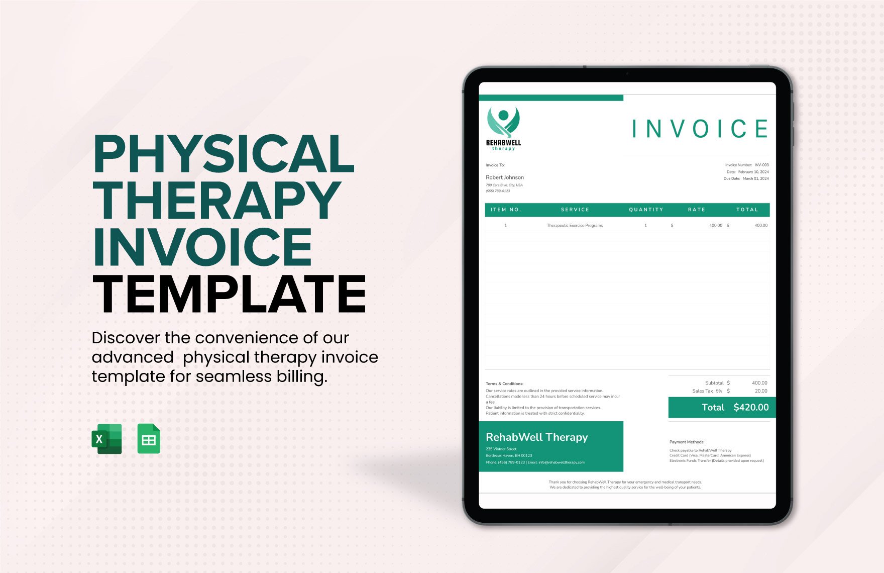 Physical Therapy Invoice Template in Excel, Google Sheets - Download | Template.net