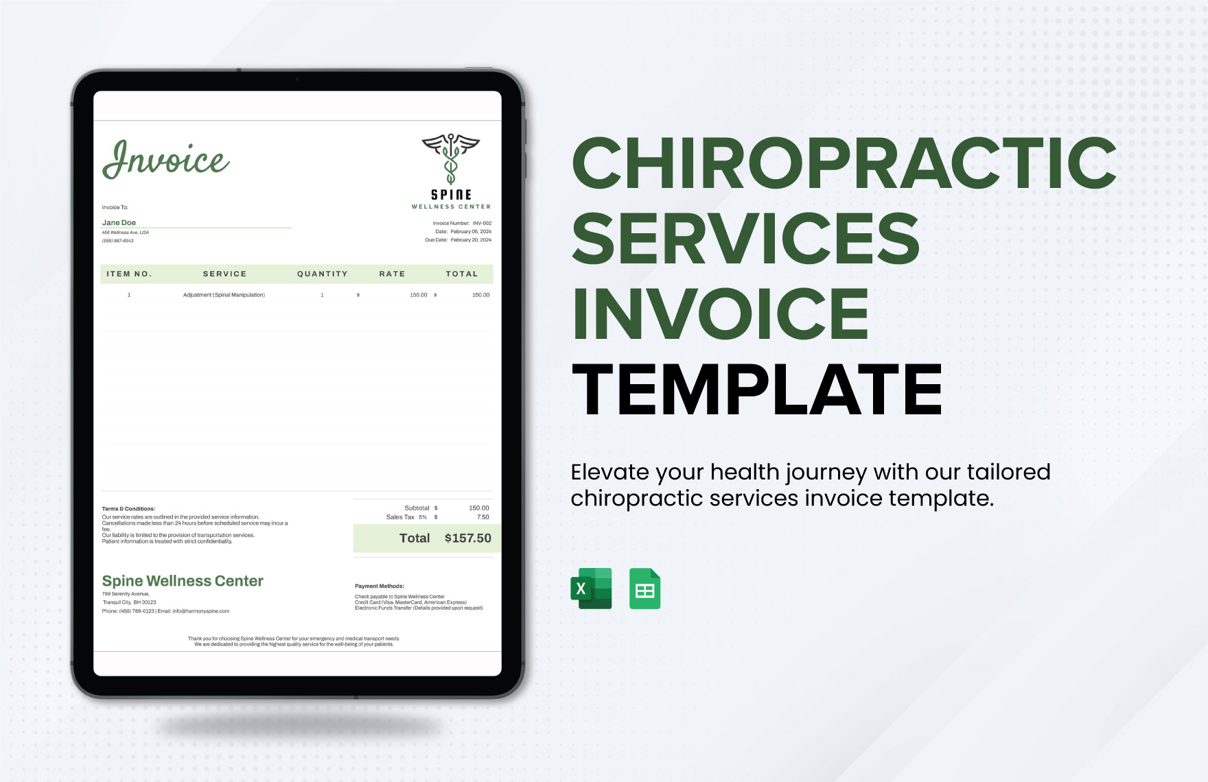 Chiropractic Services Invoice Template in Excel, Google Sheets - Download | Template.net