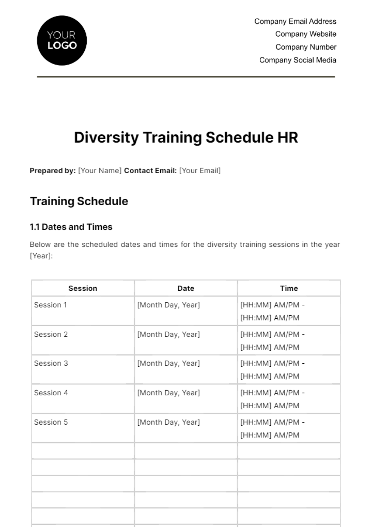 Free Diversity Training Schedule HR Template