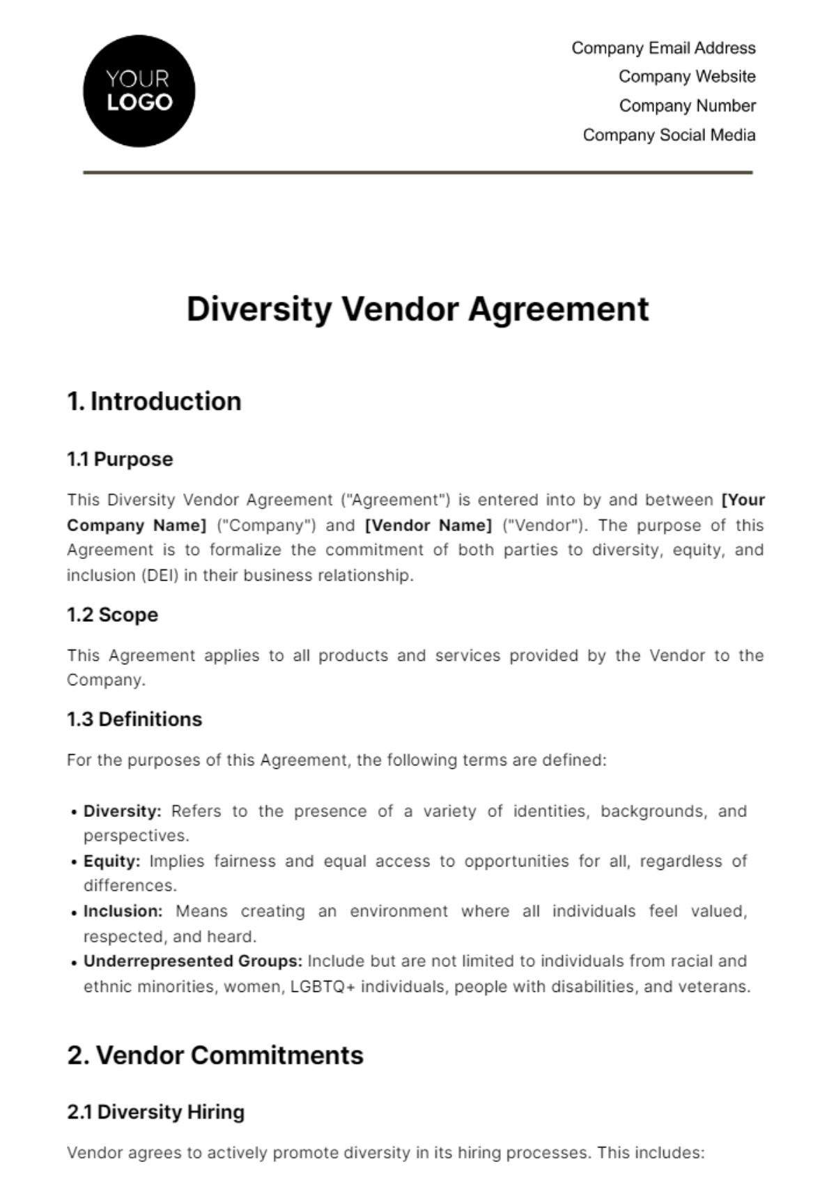 Free Diversity Vendor Agreement HR Template