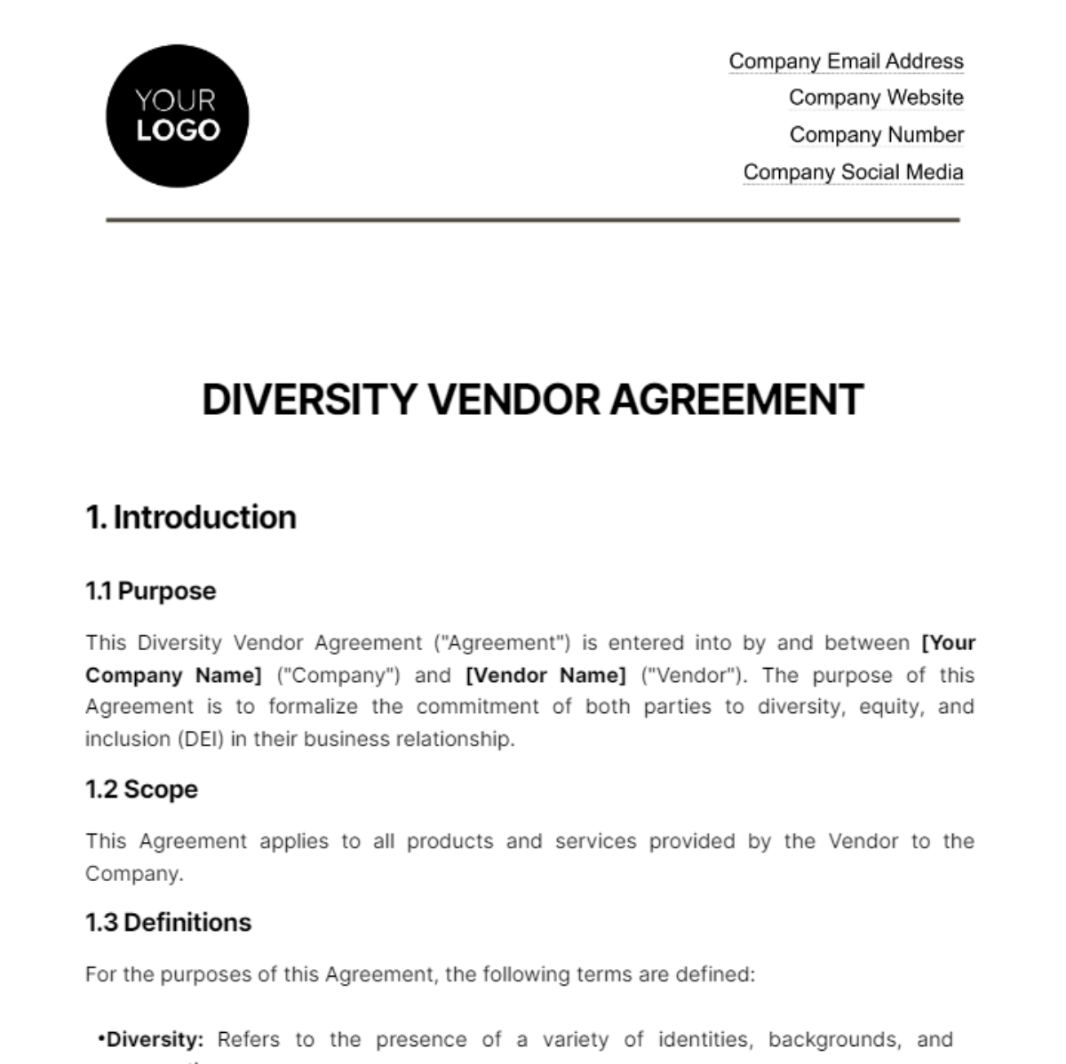 Diversity Vendor Agreement HR Template
