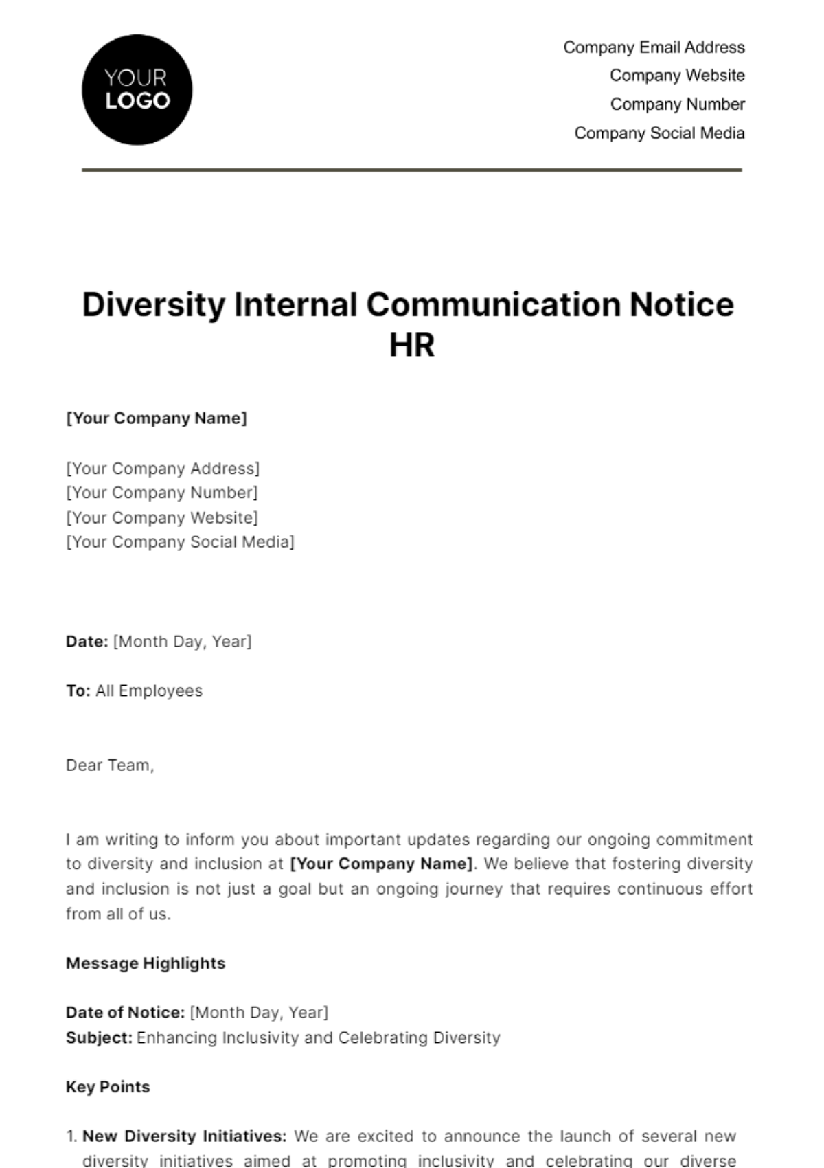 Diversity Internal Communication Notice HR Template