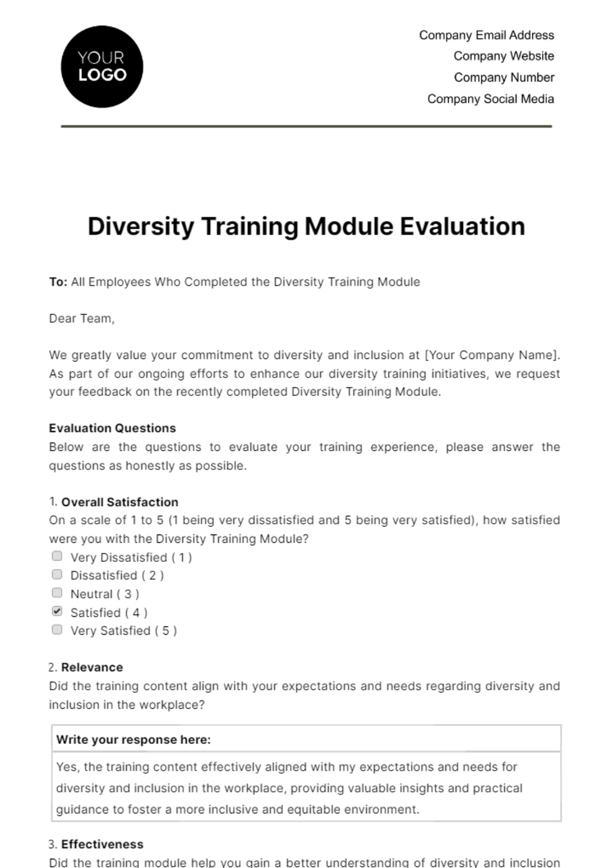 Diversity Training Module Evaluation HR Template