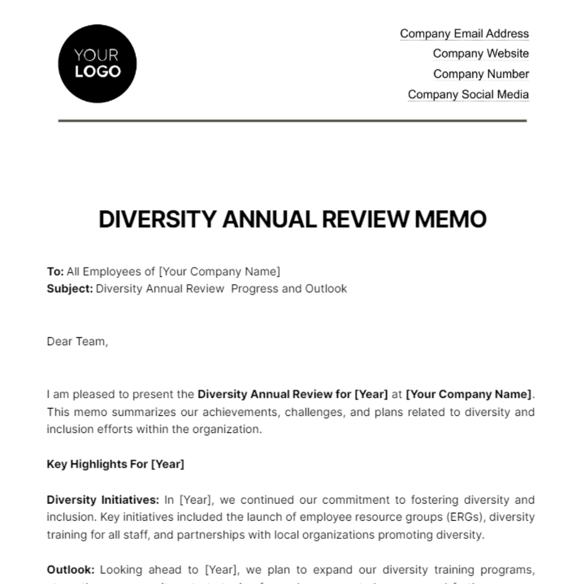 Diversity Annual Review Memo HR Template - Edit Online & Download