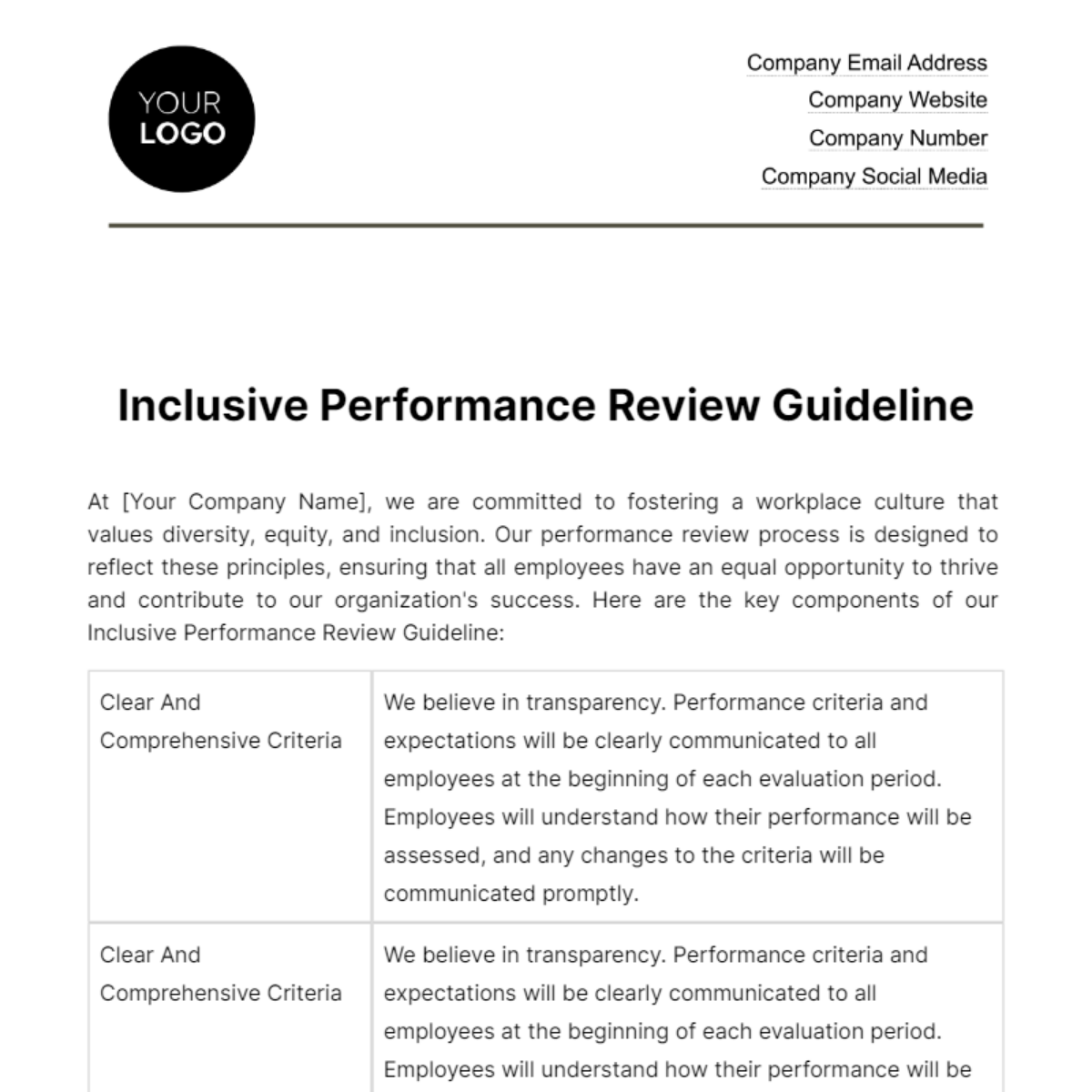 Inclusive Performance Review Guideline HR Template - Edit Online & Download