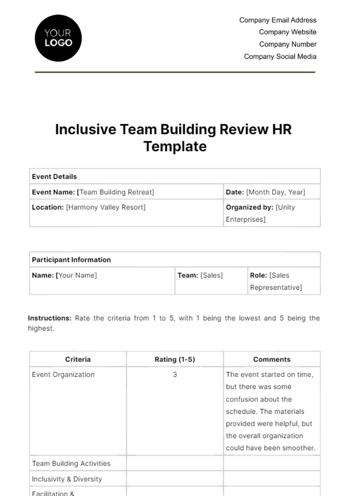 Inclusive Team Building Review HR Template