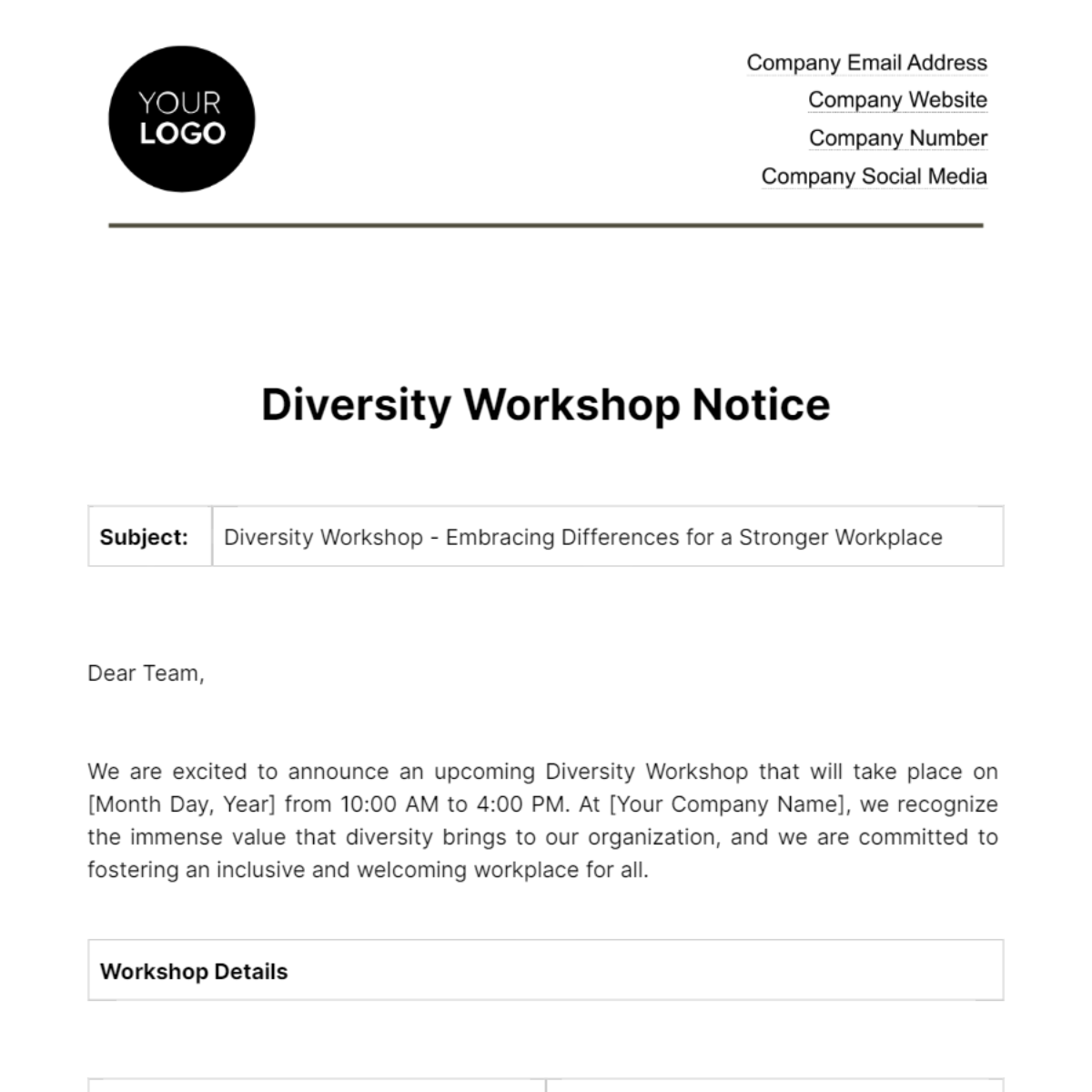 Diversity Workshop Notice HR Template
