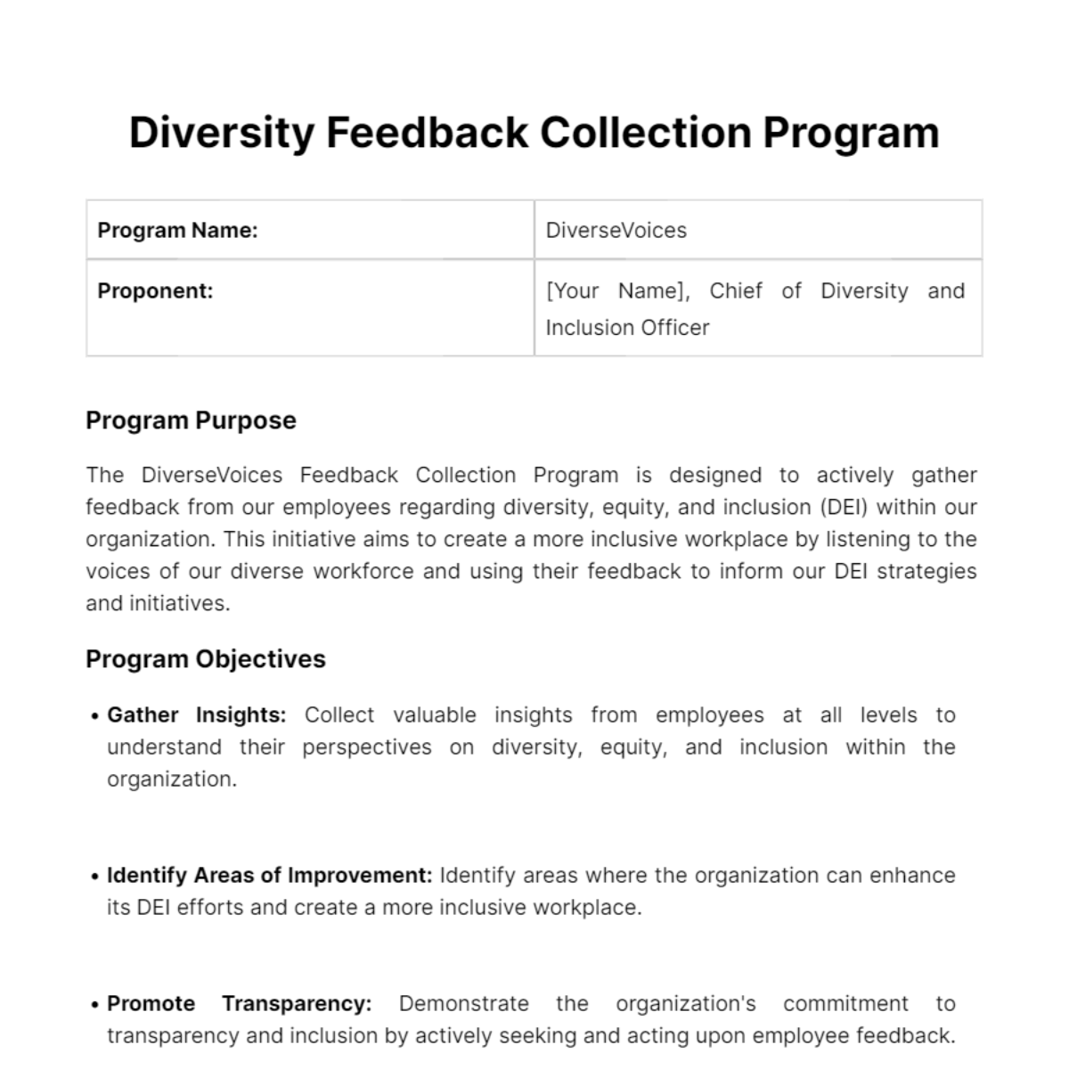 Diversity Feedback Collection Program HR Template - Edit Online & Download