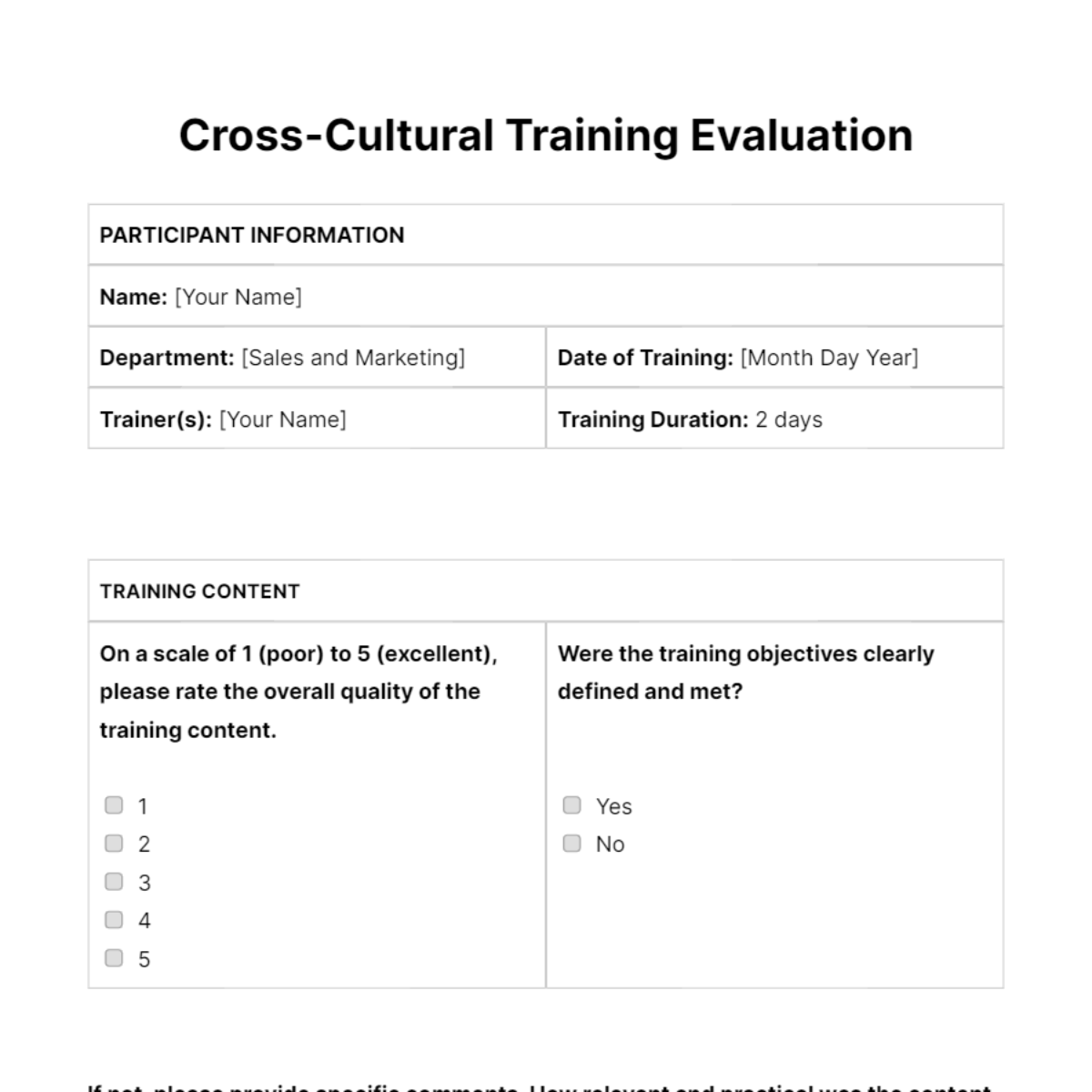 Cross-Cultural Training Evaluation HR Template
