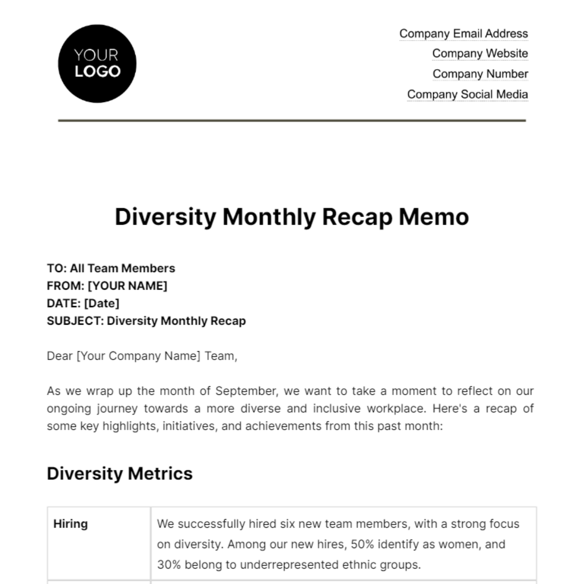 Diversity Monthly Recap Memo HR Template
