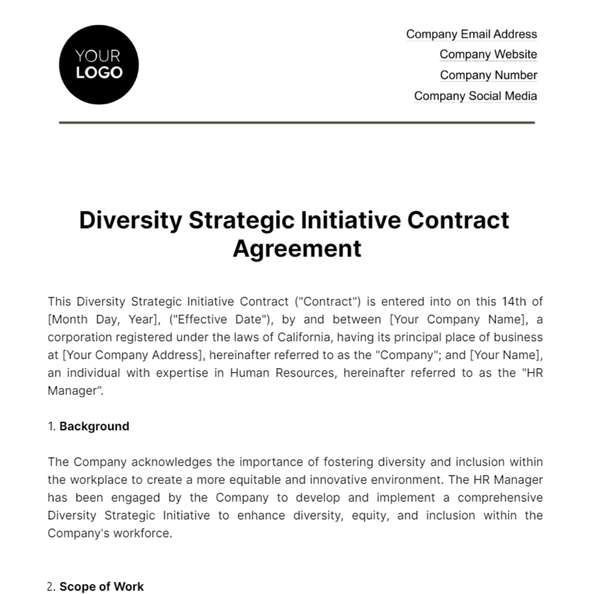 Diversity Strategic Initiative Contract HR Template - Edit Online & Download