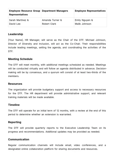 Free Diversity Taskforce Charter HR Template to Edit Online