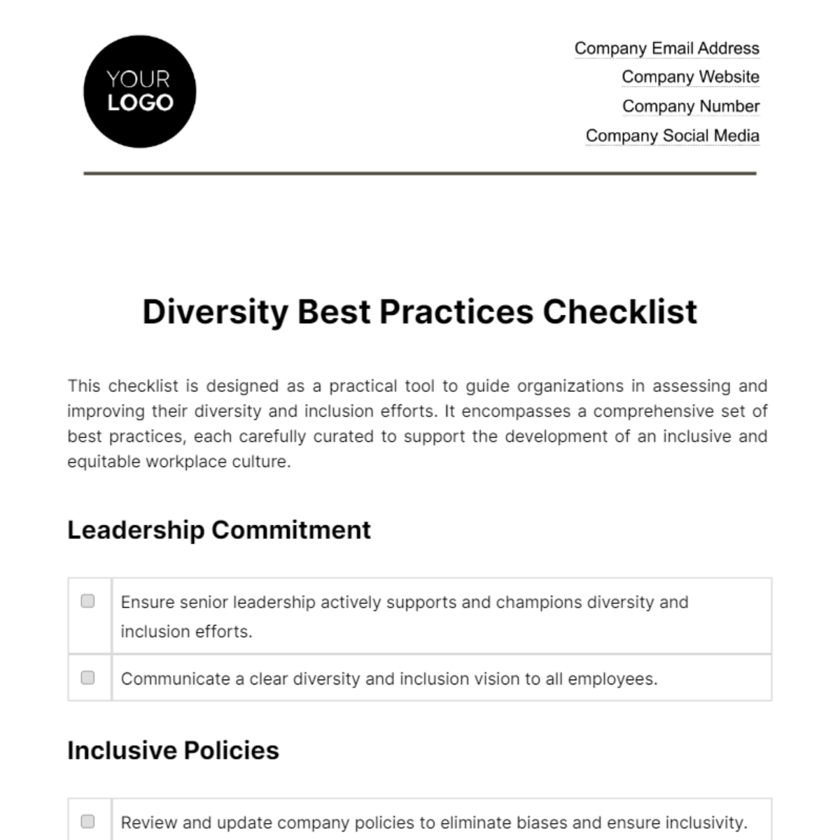 Diversity Best Practices Checklist HR Template