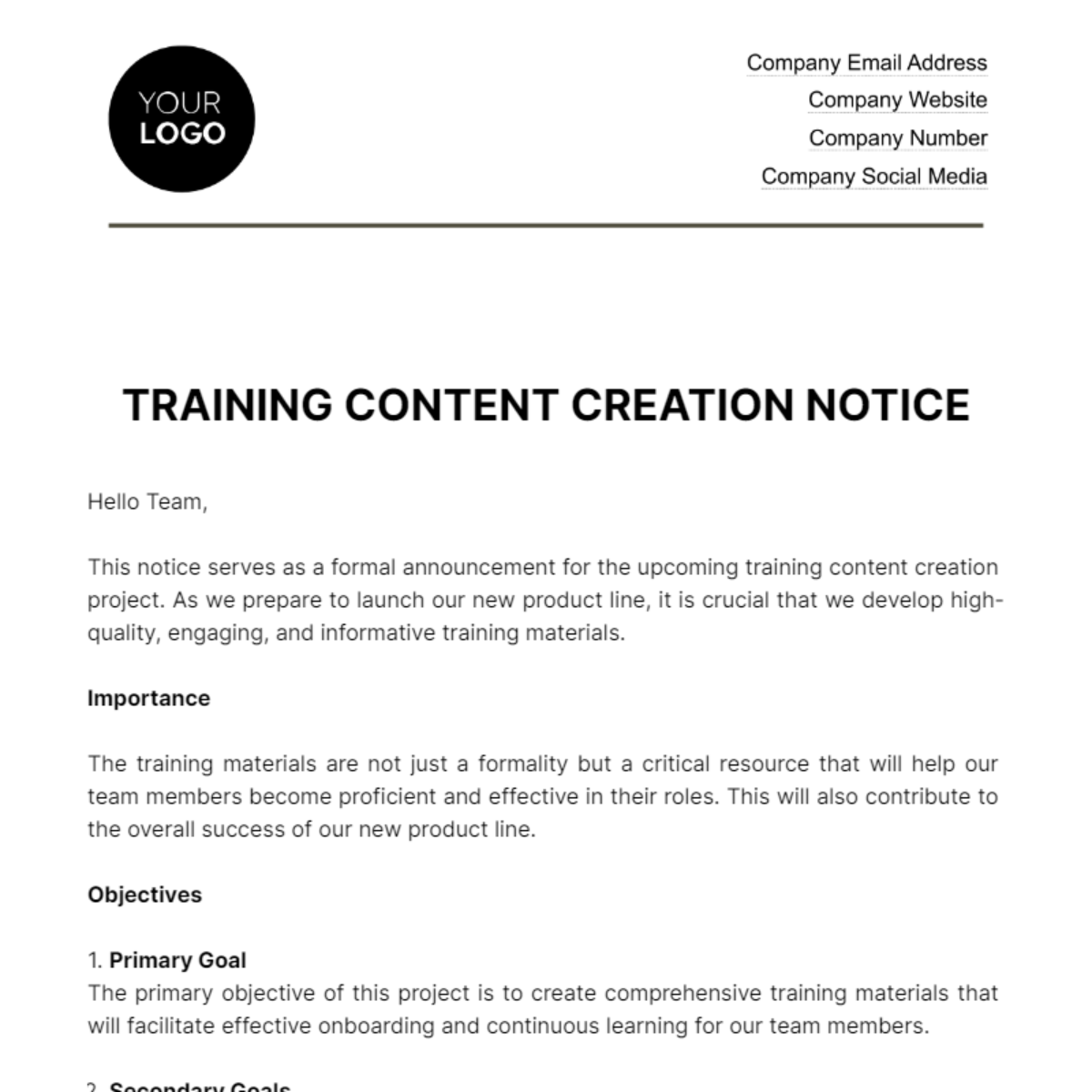 Training Content Creation Notice HR Template