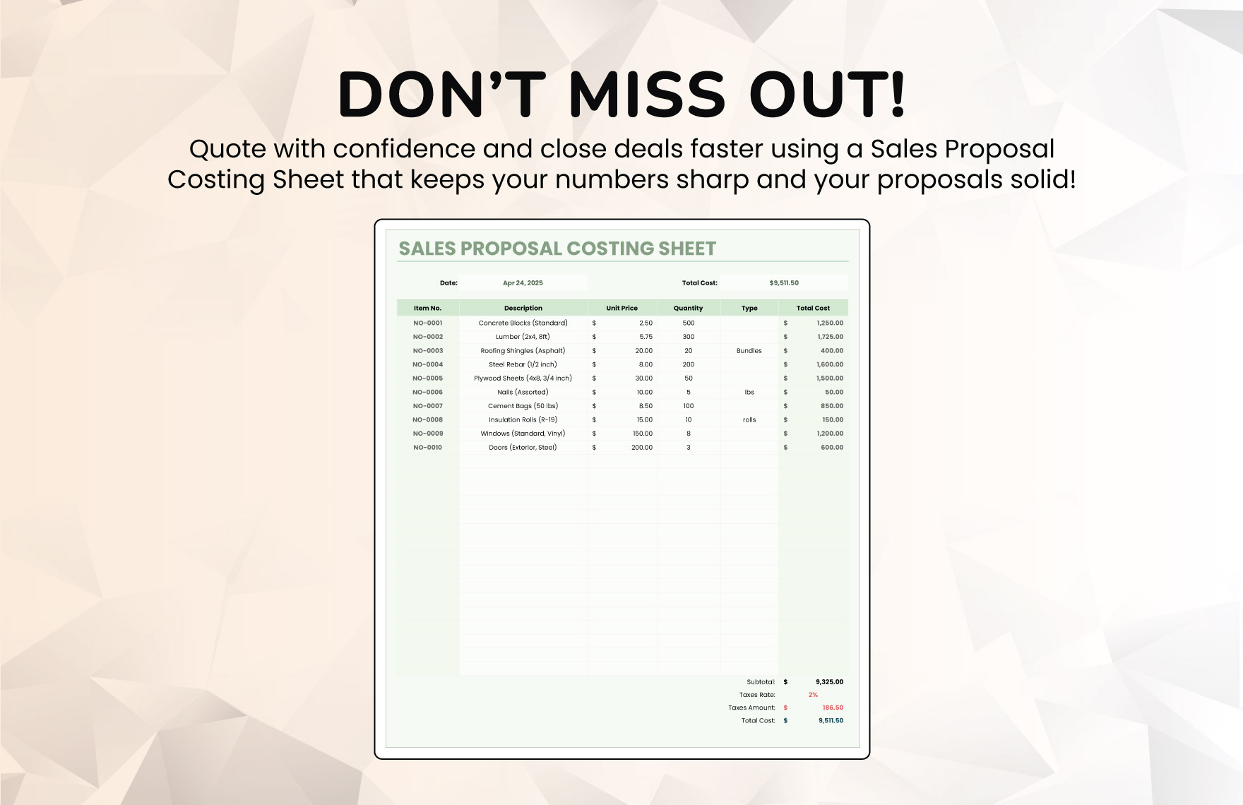 Sales Proposal Costing Sheet Template