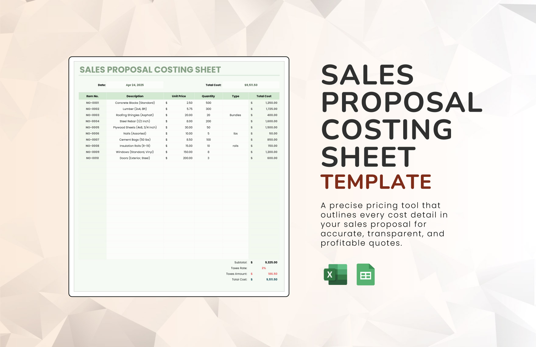 Sales Proposal Costing Sheet Template in Excel, Google Sheets to Download