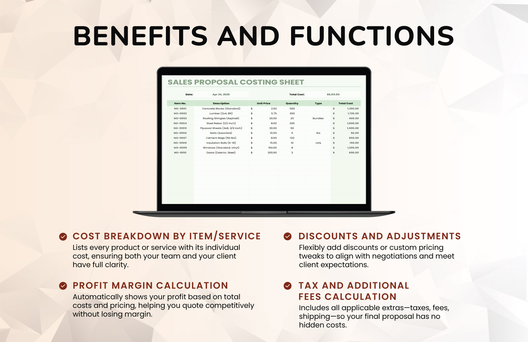 Sales Proposal Costing Sheet Template