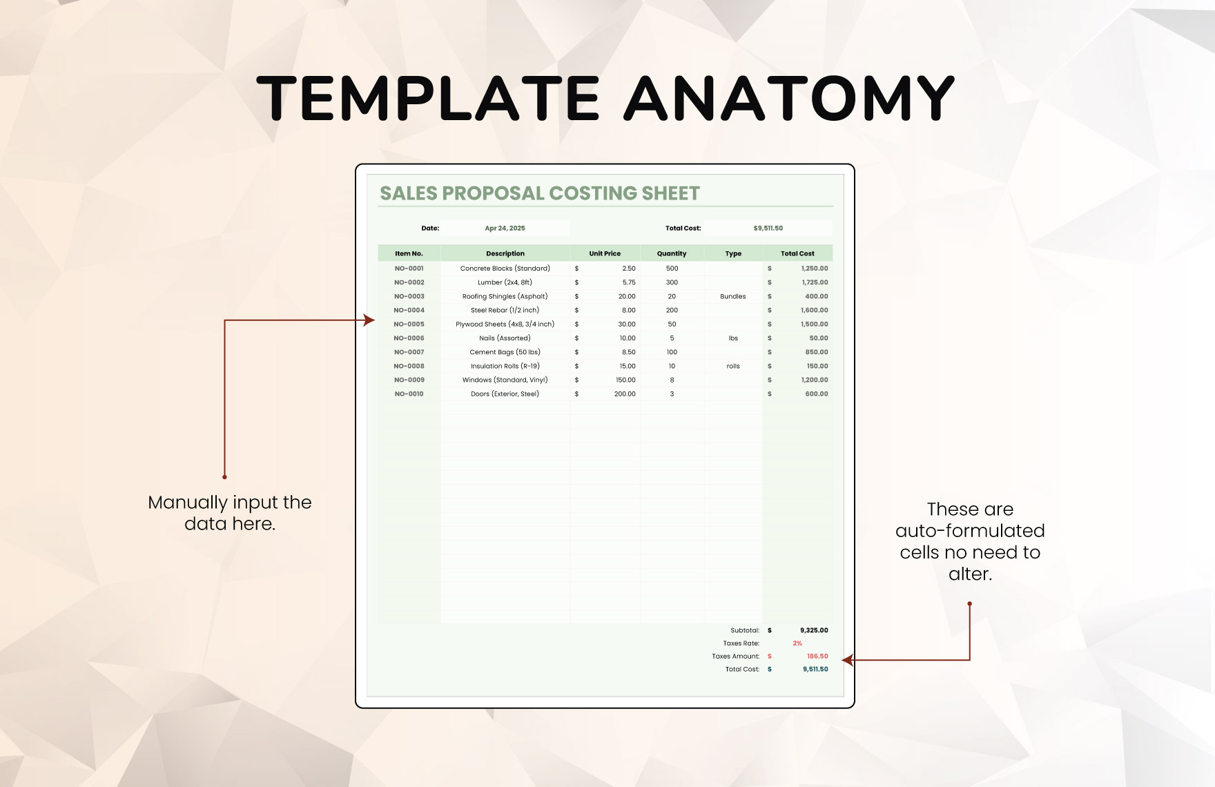 Sales Proposal Costing Sheet Template
