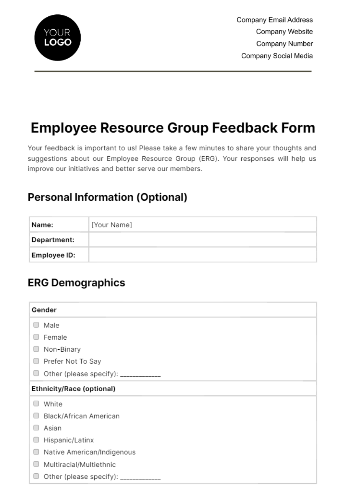 Employee Resource Group Feedback Form HR Template