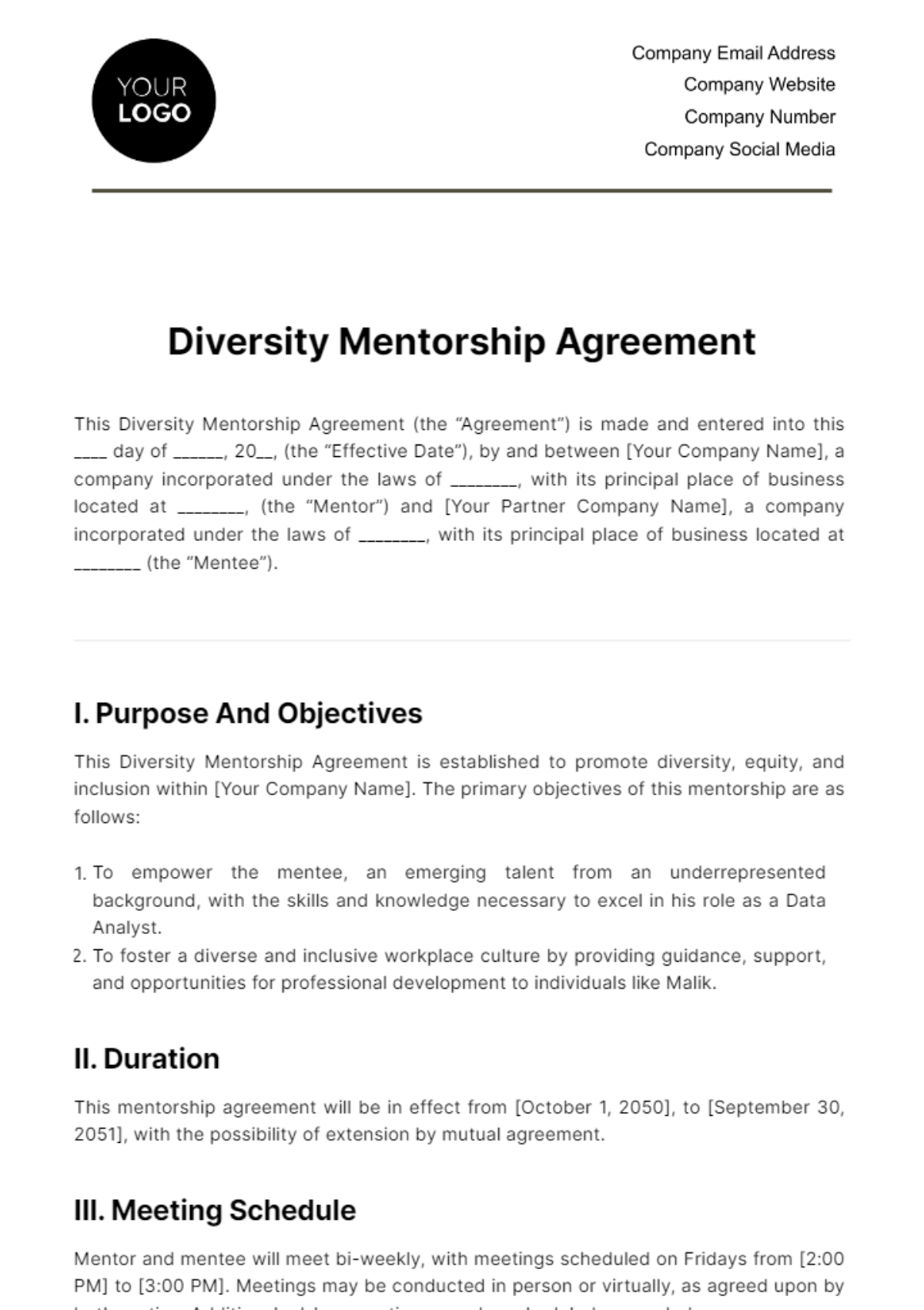 Free Diversity Mentorship Agreement HR Template