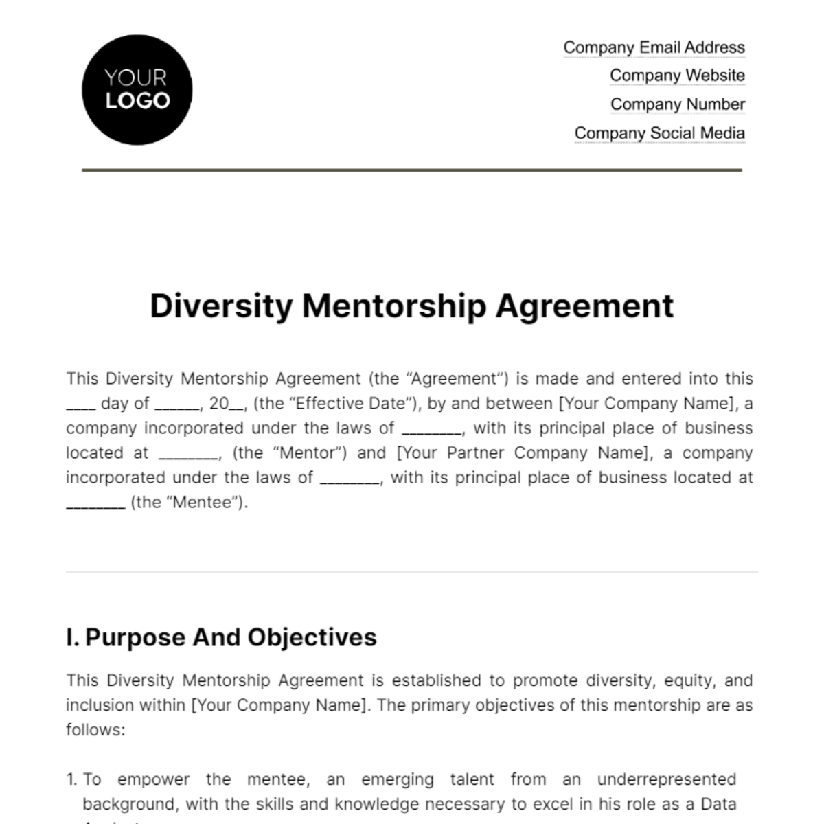 Diversity Mentorship Agreement HR Template