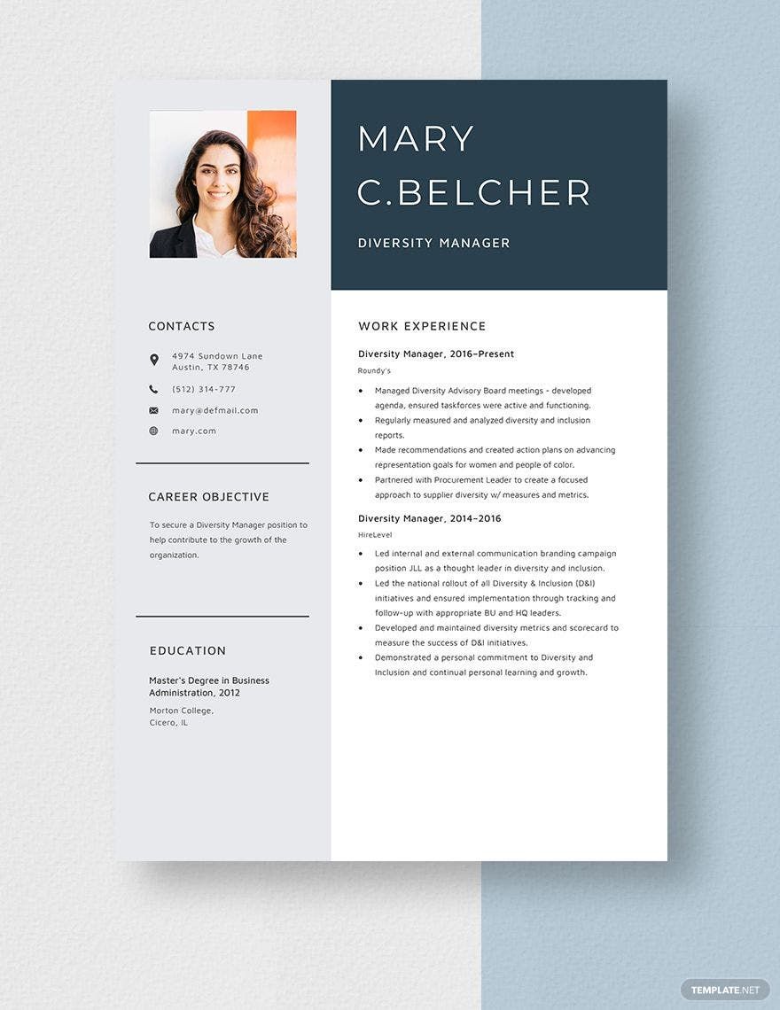 Free Diversity Manager Resume in Word, Apple Pages