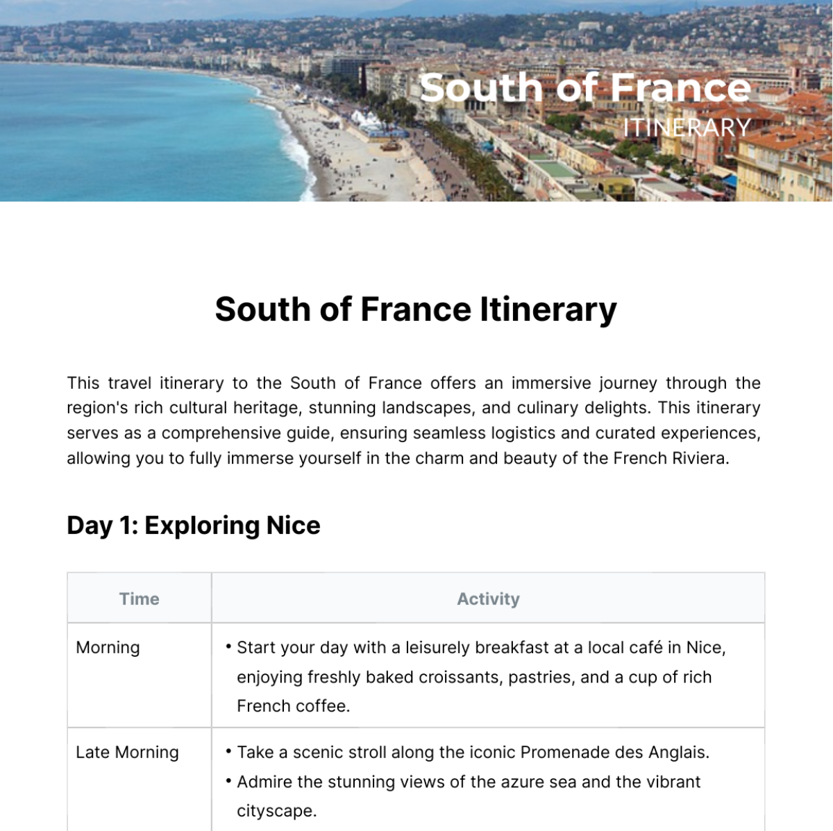 South Of France Itinerary Template