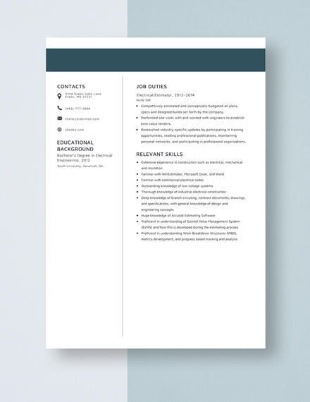 Electrical Estimator Resume/CV Template - Word (DOC) | Apple (MAC) Pages