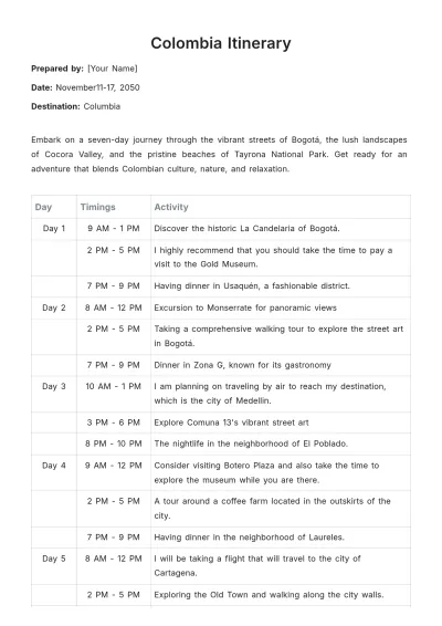 Free Colombia Itinerary Template to Edit Online