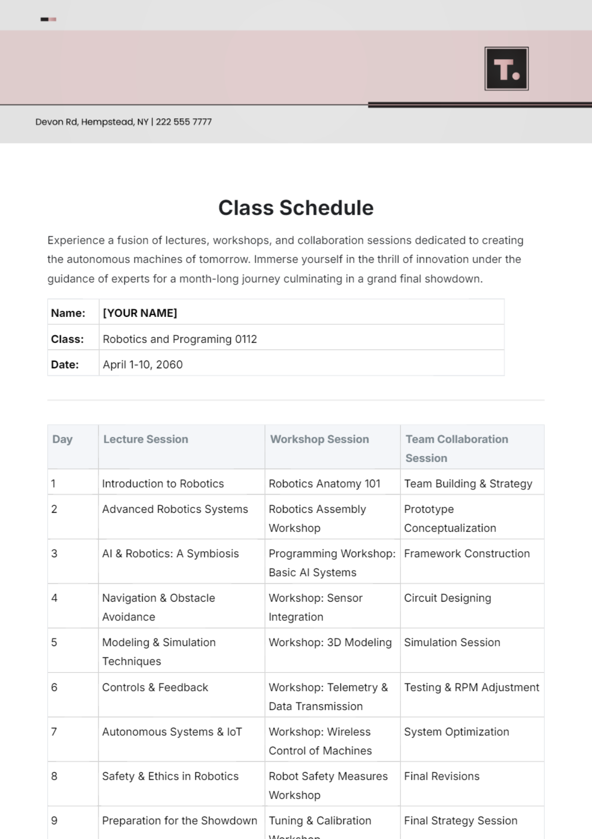 Class Schedule Template