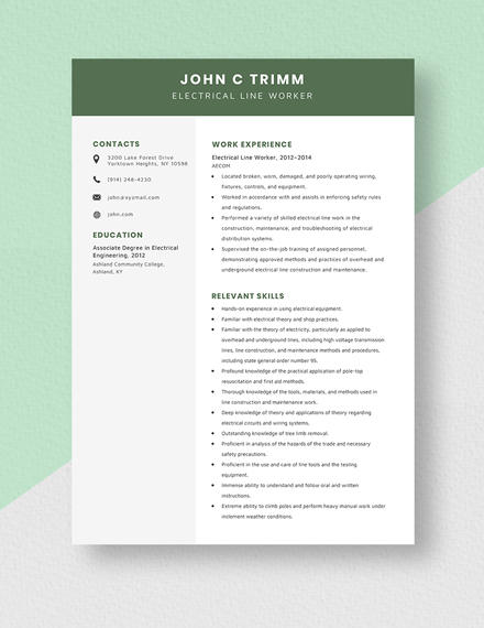 Electrical Line Worker Resume Template
