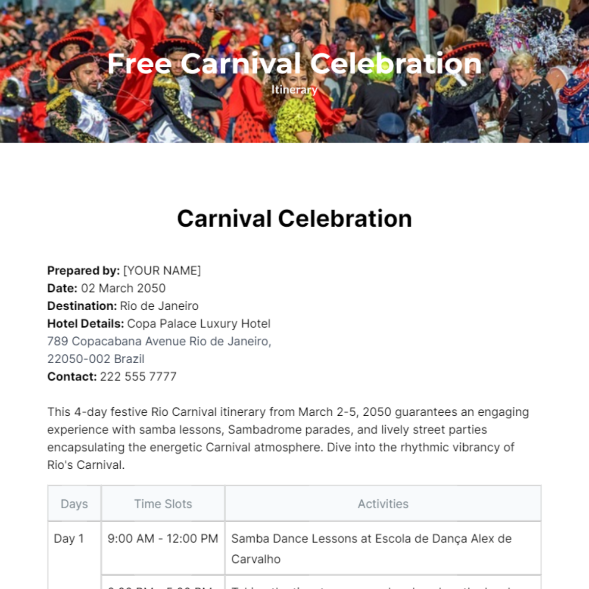 Carnival Celebration Itinerary Template