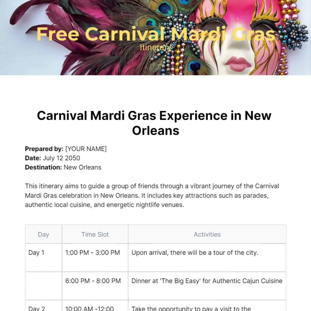 Carnival Mardi Gras Itinerary Template Edit Online & Download Example