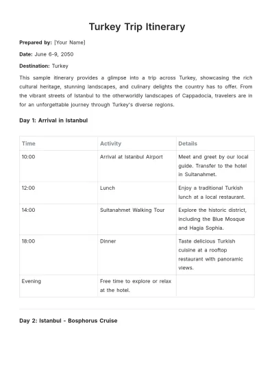 Free Turkey Trip Itinerary Template to Edit Online