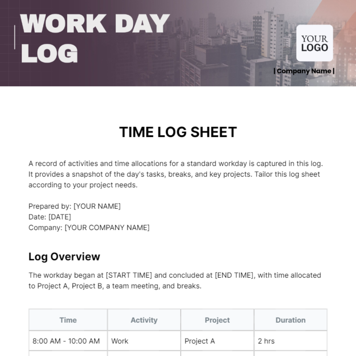 Time Log Sheet Template - Edit Online & Download