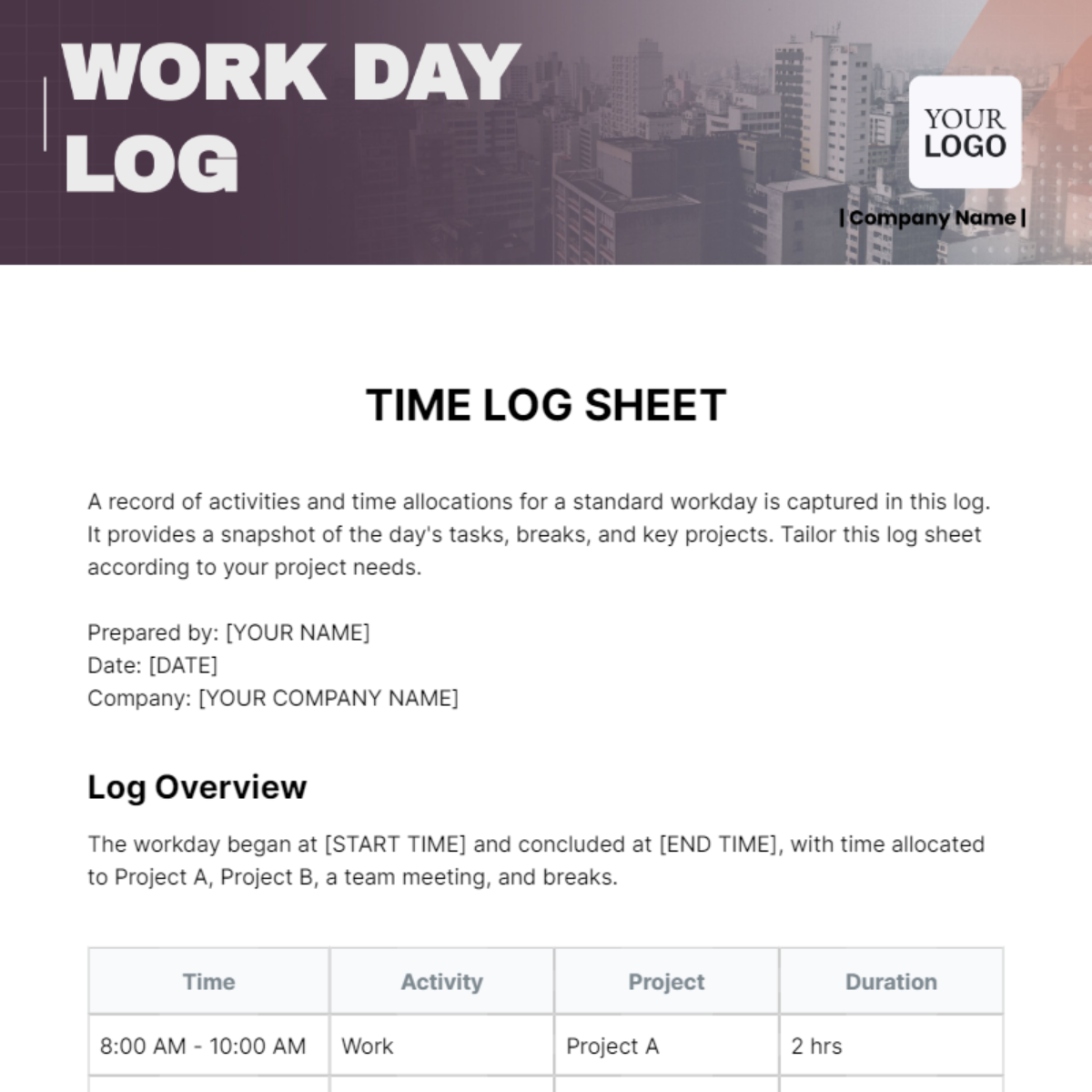 Free Time Log Sheet Template Edit Online Download Template