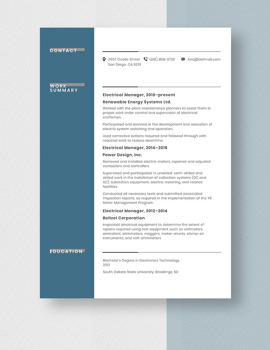 Electrical Manager Resume