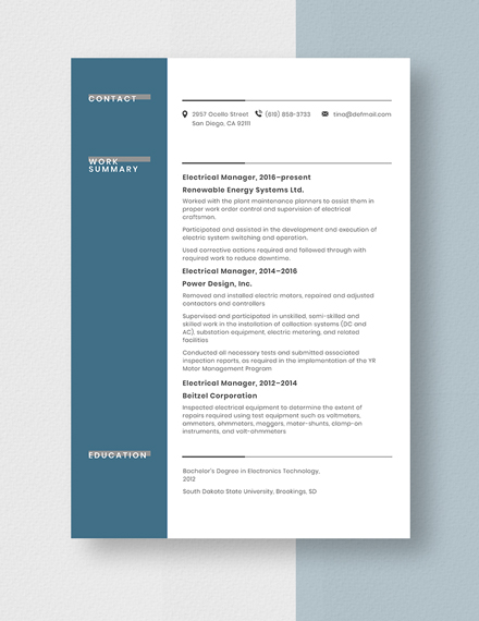 Electrical Manager Resume Template