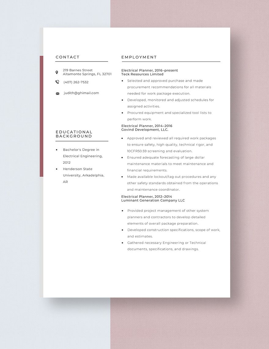 Electrical Planner Resume