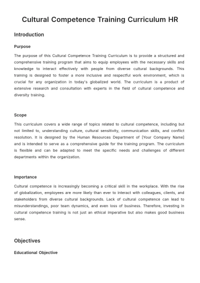Free Cultural Competence Training Curriculum HR Template to Edit Online