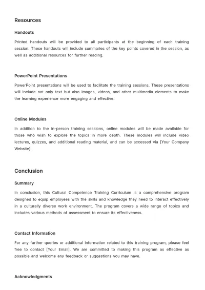 Free Cultural Competence Training Curriculum HR Template to Edit Online